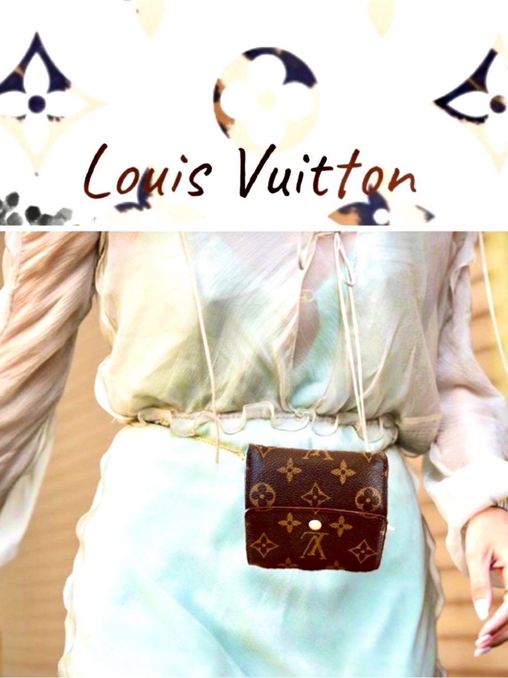 Louis Vuitton, Elise monogram, brown compact wallet and unbranded 47 inch chain